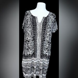 LUCKY BRAND Dress Geometric Black and White Floral Tunic Women’s Size L